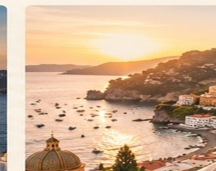 Dreamy European coastal village glowing at golden hour