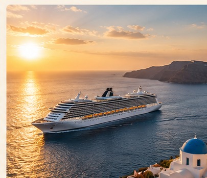 Elegant cruise ship sailing through the Mediterranean at sunset